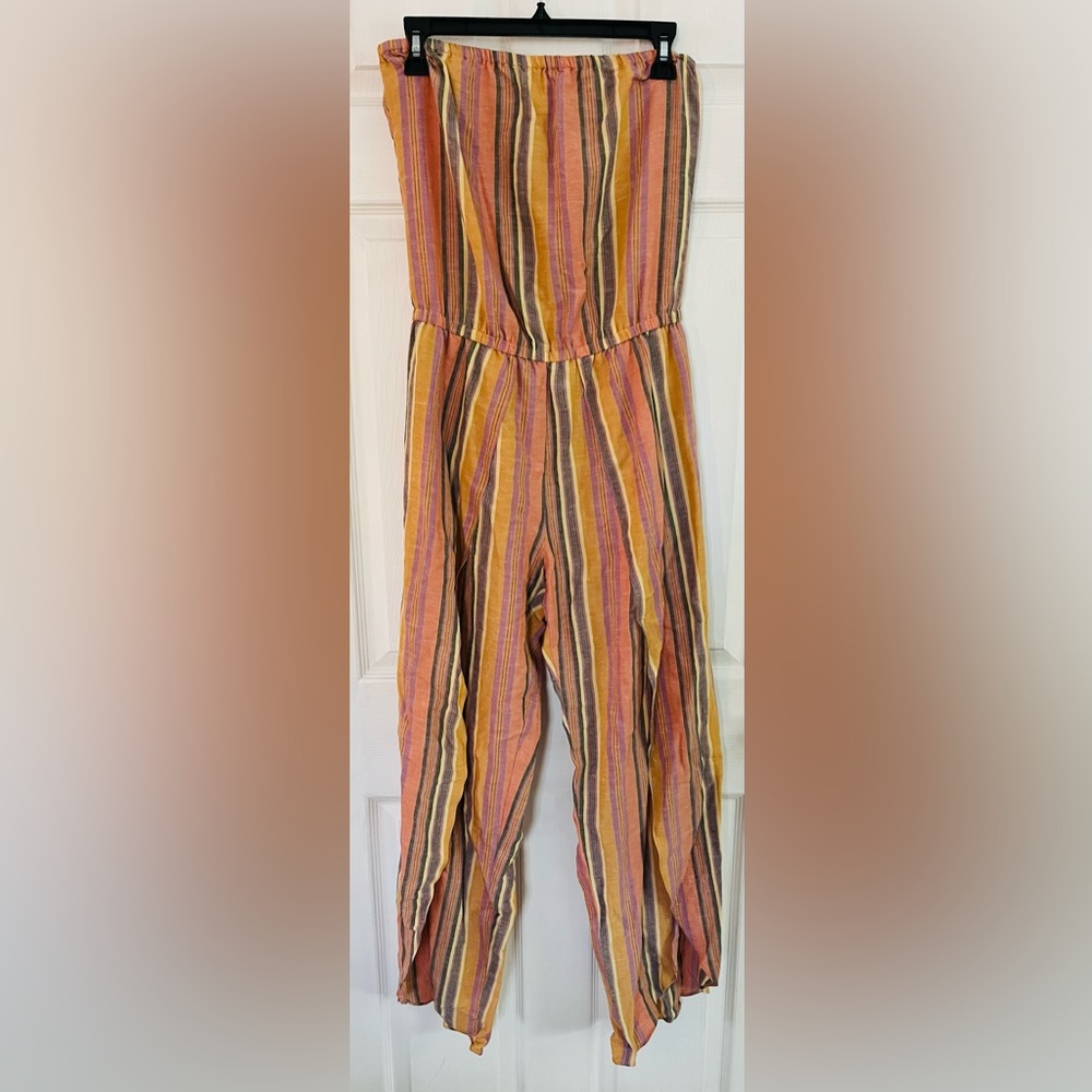 Anthropologie DREW Jumpsuit Women’s Size Small Linen Striped Strapless Leg Vents